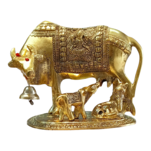Antique Brass Kamdhenu Cow with Calf Statue